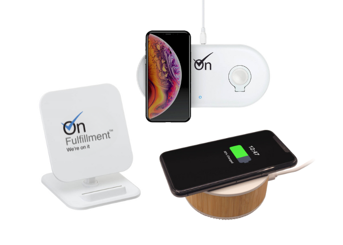people use wireless charging pads at their desk with their branding